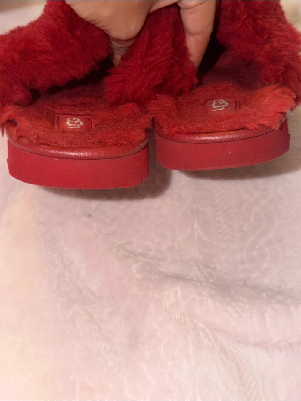 Kids UGG Red Metallic Faux-Fur Slide with hearts